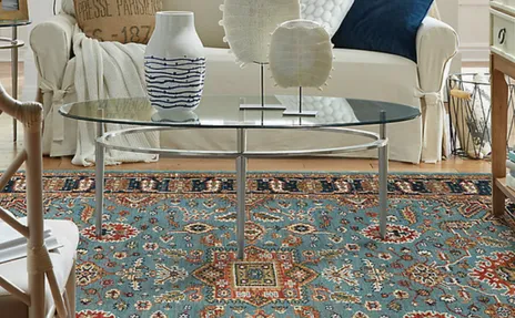 Colorful area rug in living room